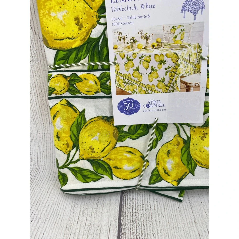 April Cornell Tablecloth 60x84 White Yellow Lemons Cotton Fruit Picnic Summer